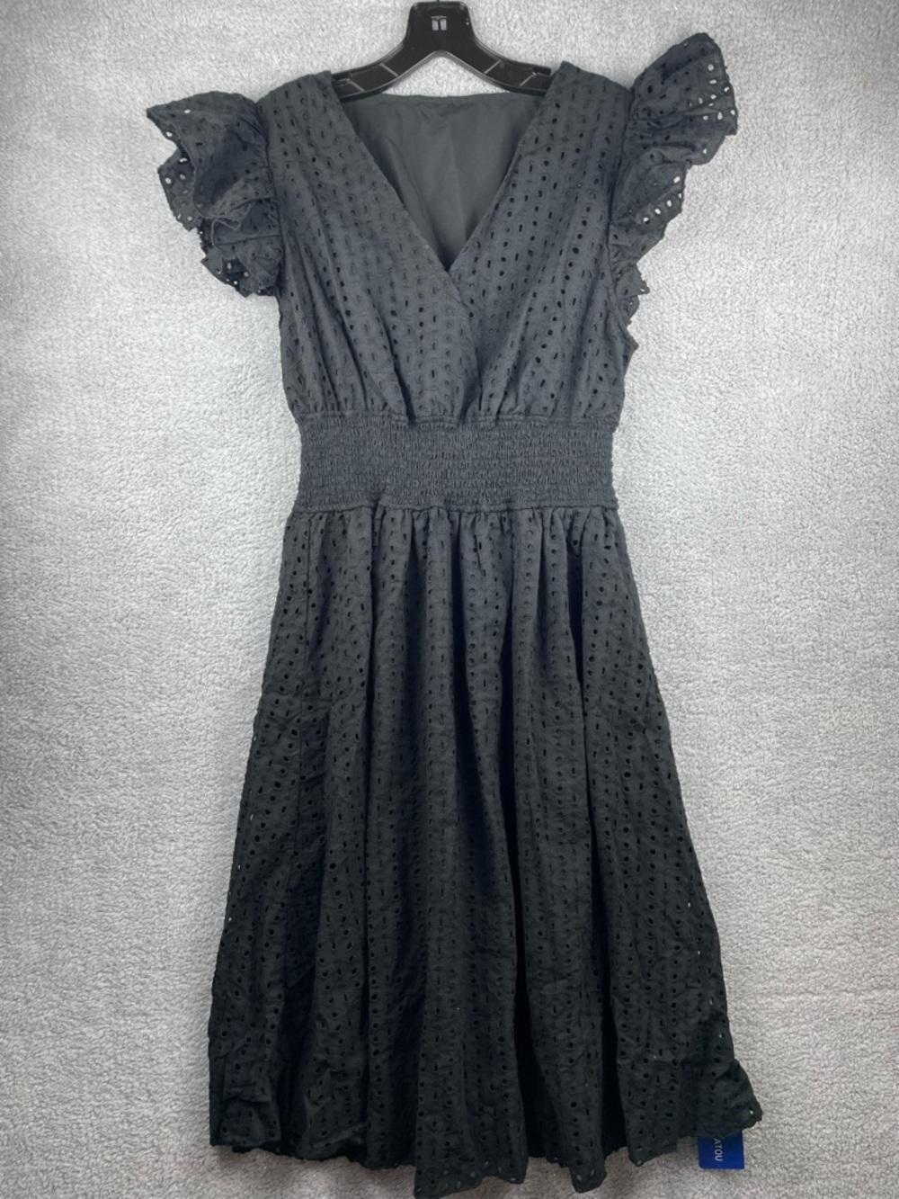 Black Eyelet V-Neck Midi Dress with Smocked Waist